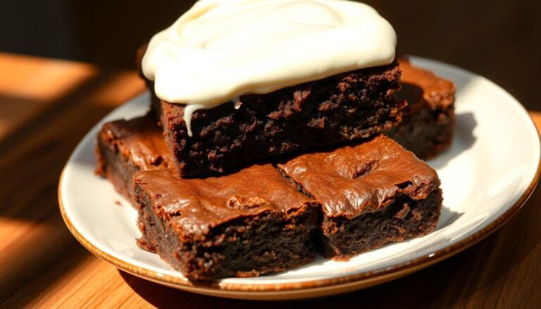 Brownies with cream cheese frosting – rich chocolate squares topped with smooth and tangy white frosting