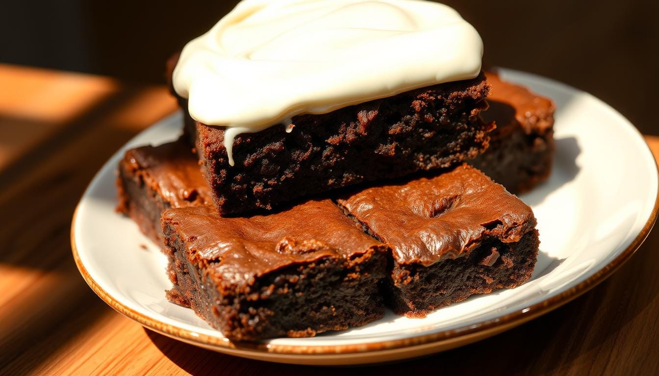 Brownies with cream cheese frosting – rich chocolate squares topped with smooth and tangy white frosting