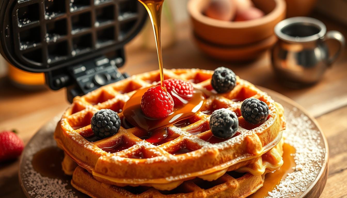 Waffles made with pancake mix – golden and crispyhomemade waffles served with butter and syrup