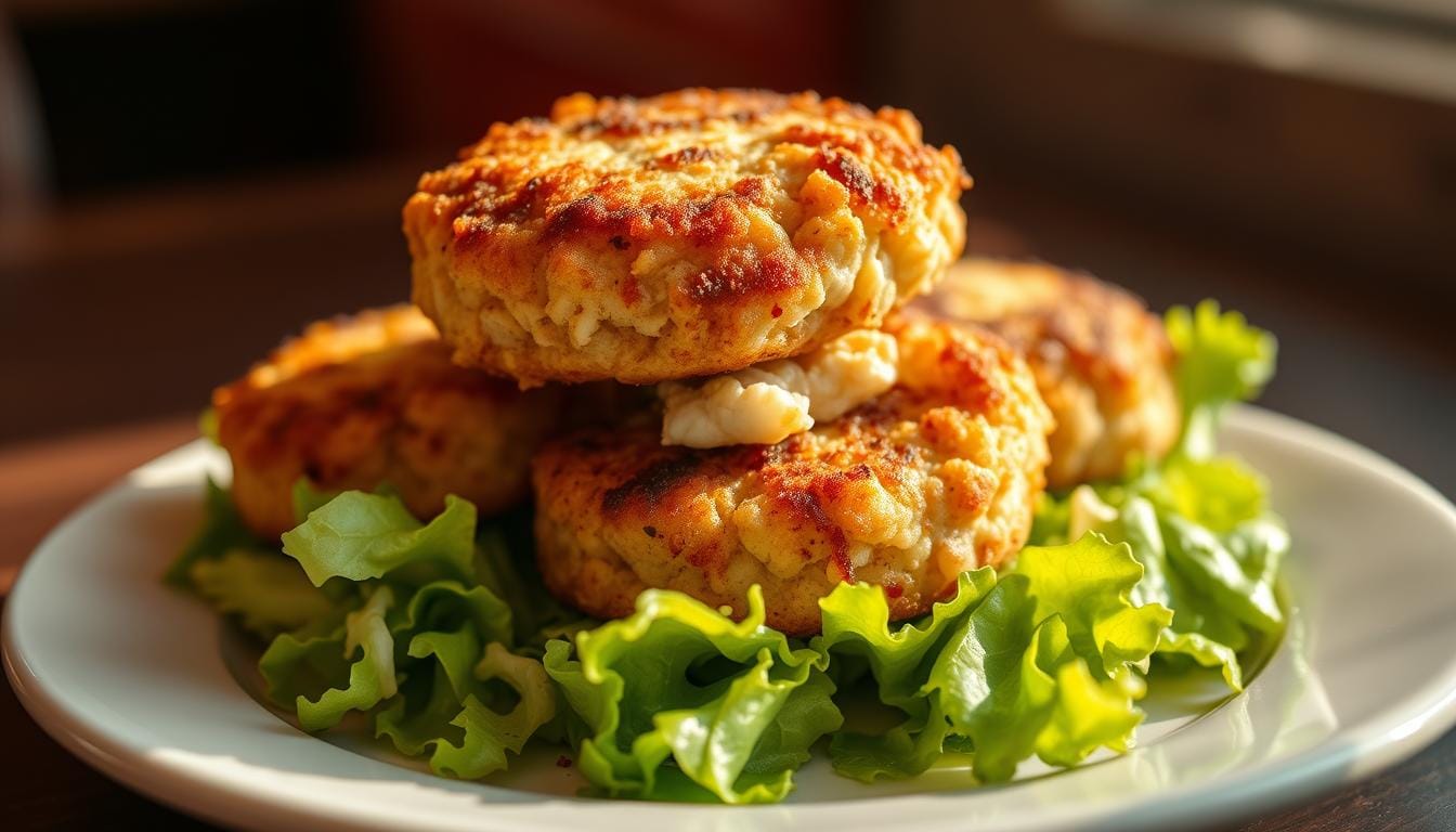 Crab cakes – pan-fried golden cakes made with fresh crab meat, herbs, and breadcrumbs