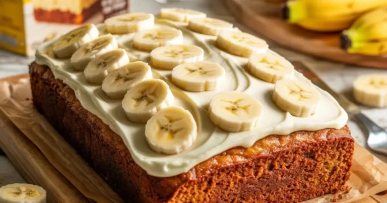 Banana cake mix – soft, moist banana-flavored cake topped with cream cheese frosting