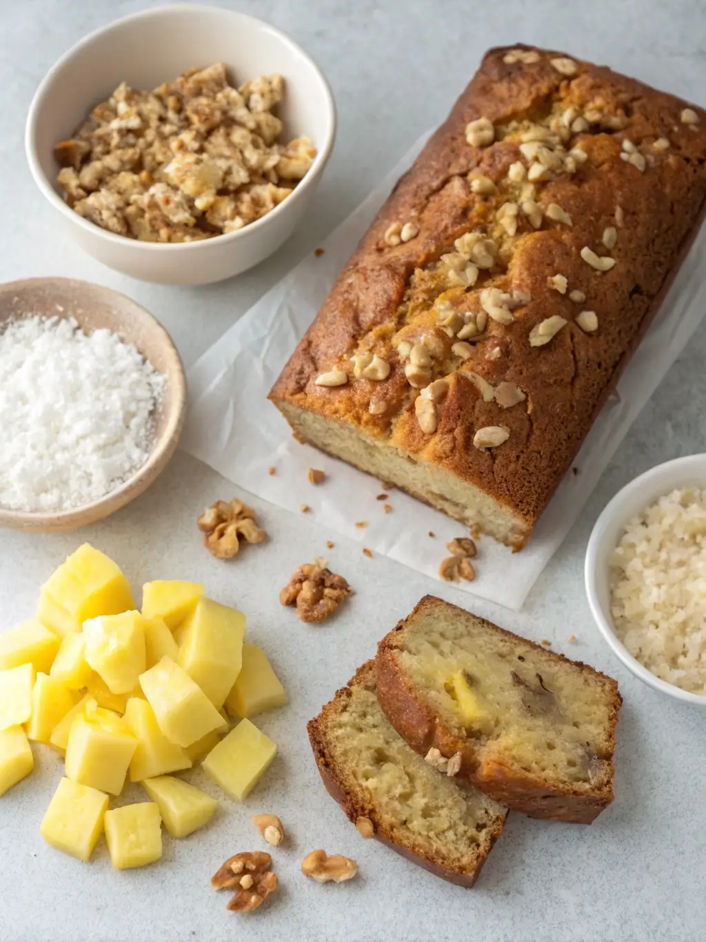 banana nut bread with pineapple and coconut